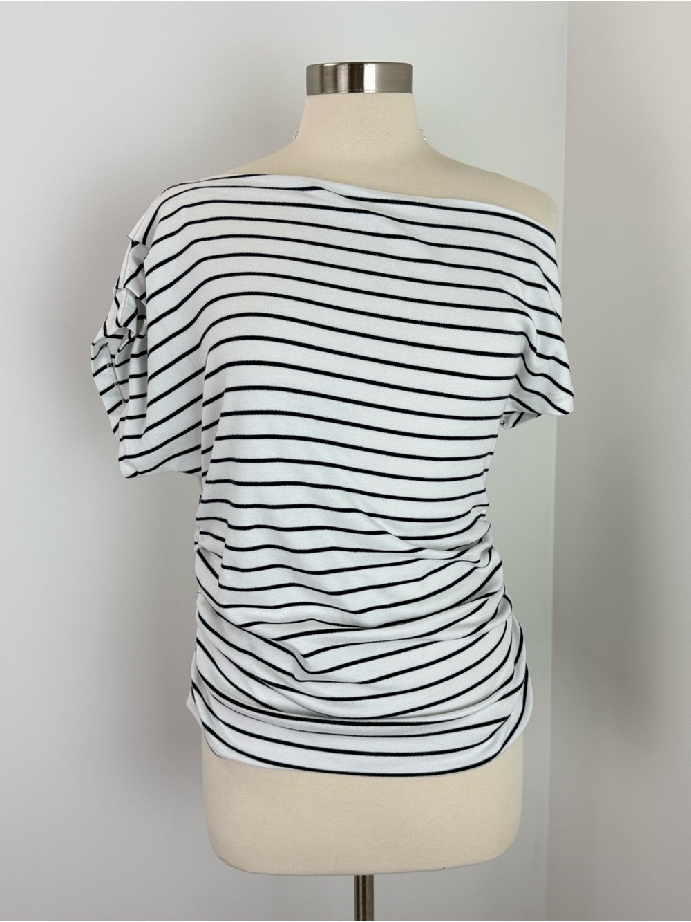 LOFT White Navy Striped Off Shoulder Asymmetric Ruched Tee